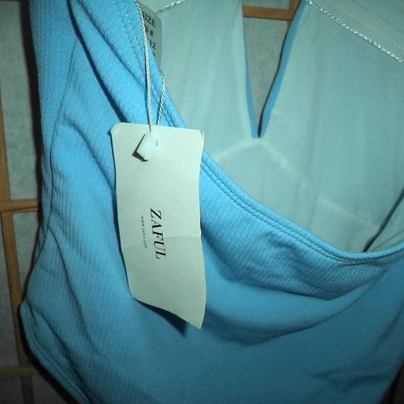 NEW! ZAFUL SWIM SUIT 1 PIECE BATHINGSUIT BLUE RIBBED PLUNGE SEXY-WOMENS SIZE 8 - Picture 5 of 5